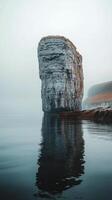 Mysterious rock formation rises from calm water on foggy morning near coastal cliffs photo