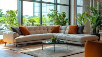 Modern living room with cozy sectional sofa and large windows overlooking lush greenery photo