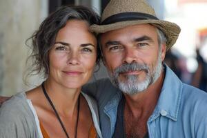 Couple enjoying a sunny day outdoors, smiling warmly at the camera in a vibrant urban setting photo