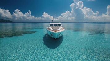 Luxurious yacht anchored in crystal clear waters near rocky coastline on a sunny day photo