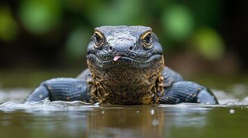 Komodo dragon swimming in calm waters of its natural habitat during daylight hours photo