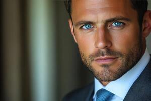 Intense portrait of a young man in a suit with blue eyes and confident expression photo