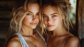 Two women with illuminated hair pose together in a sunlit field during golden hour photo