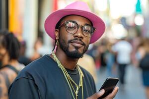 Stylish man in bright orange suit with pink hat standing against vibrant pink wall while using smartphone photo