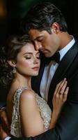 Couple embraces during an elegant evening in a romantic setting photo