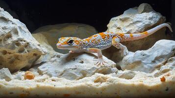 Leopard gecko exploring a desert-themed terrarium with cacti and vibrant orange plants photo