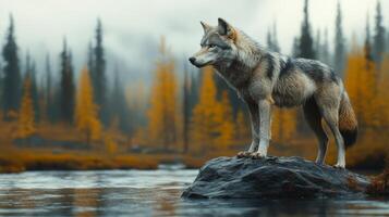 Wolf standing on a rock during a cool evening in a snowy landscape photo