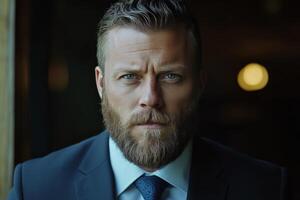 Close-up of a well-groomed man in a suit contemplating by the window during the afternoon photo
