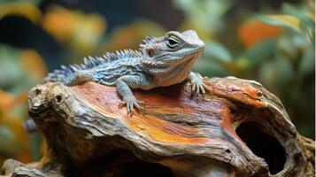 Bearded dragon resting on a log in a vibrant terrarium environment with lush foliage photo
