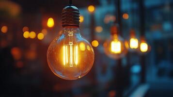 Vintage light bulb glowing brightly against a black background showcasing classic design photo