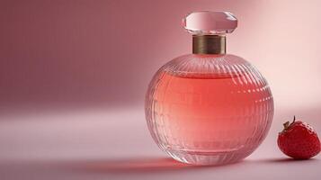 Elegant pink perfume bottle placed on a soft background with delicate bokeh effects and decorative elements photo