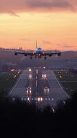 Airplane landing at sunset under orange and purple sky near busy airport runway photo