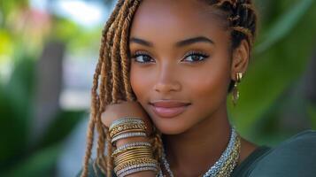Bangles and bracelets showcase intricate metalwork worn by a person in natural lighting photo
