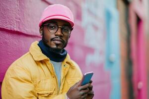Stylish man in bright orange suit with pink hat standing against vibrant pink wall while using smartphone photo