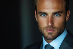 Intense portrait of a young man in a suit with blue eyes and confident expression photo