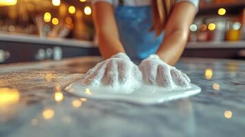 Cleaning kitchen countertop with soapy water in a cozy home during the afternoon photo