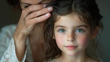 Loving mother and daughter sharing a joyful moment indoors, showcasing their bright smiles and connection photo