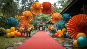 Colorful paper decorations frame a vibrant entrance in a joyful celebration setting photo