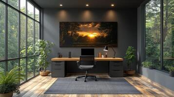 Modern workspace featuring leather chair and minimalistic decor in urban environment photo