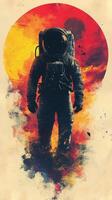 Astronaut in a striking yellow and red background, showcasing space exploration art photo