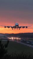 avión aterrizaje a puesta de sol debajo naranja y púrpura cielo cerca ocupado aeropuerto pista foto