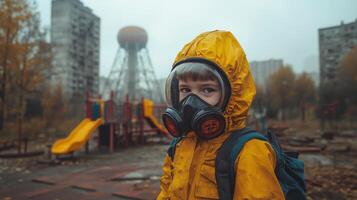 Child in yellow raincoat observes deserted playground on a rainy autumn day photo