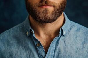 Handsome man with a beard and blue eyes posing in casual attire against a neutral background photo