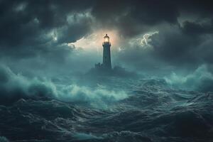 Lighthouse guiding ships through stormy seas and dark skies with lightning photo