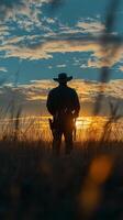 Soldier standing in a field during a sunny afternoon, contemplating the vast open landscape photo