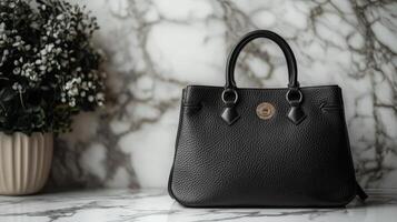 Elegant brown leather handbag displayed on a marble surface in a sophisticated setting photo