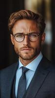 Professional man with glasses poses confidently in a formal suit against a dark background photo