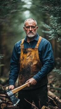 Woodsman carrying axe in dense forest during autumn afternoon photo