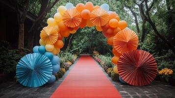 Colorful paper decorations frame a vibrant entrance in a joyful celebration setting photo