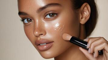 Beautiful model applying foundation for a flawless complexion in a softly lit setting photo