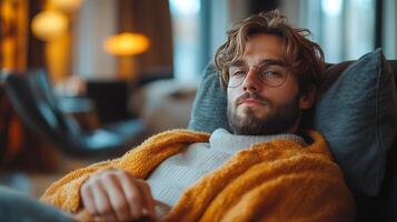 Cozy man relaxing in warm sweater at a stylish indoor lounge during evening photo