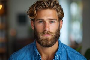 Handsome man with a beard and blue eyes posing in casual attire against a neutral background photo
