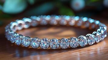 Elegant diamond bracelet glows under warm light on wooden surface in a stylish setting photo