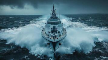 Powerful vessel navigates through rough seas during stormy weather photo