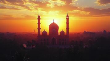 Sunset over a grand mosque with vibrant clouds in the sky photo