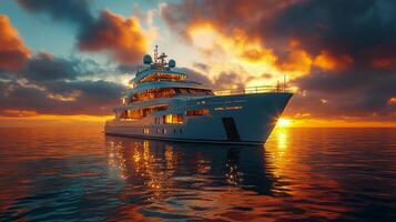 Elegant yacht anchored in calm waters during vibrant sunset over horizon with clouds photo