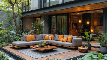 Cozy outdoor lounge with two women relaxing in a modern garden setting during the day photo
