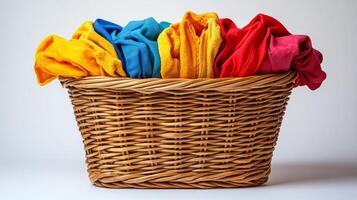 Colorful towels piled in a wicker basket on a soft rug in a bright room setting photo