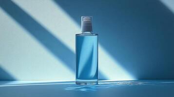 Clear blue bottle of liquid against a light blue background with shadow patterns highlighting its features photo