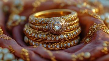 Elegant gold wedding rings with blue gemstones on a textured fabric background photo