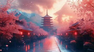 Cherry blossoms frame a stunning five-story pagoda in a tranquil Japanese street scene during springtime photo