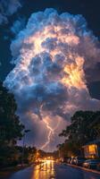 Dramatic lightning strikes illuminate a vibrant cloud formation at dusk in a stormy sky photo