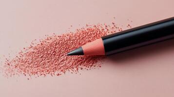 Pink lip pencil resting on a smooth layer of pastel pink makeup product photo