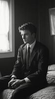 Confident man in a suit sitting on a bed in a dimly lit hotel room during evening hours photo