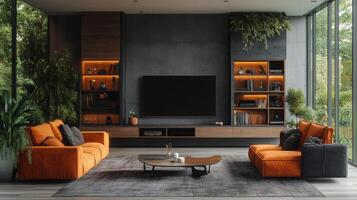 Modern living room design featuring orange and gray furniture with greenery and a large TV photo
