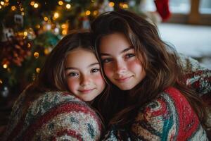 Mother and daughter cuddle together in cozy blankets by the Christmas tree photo
